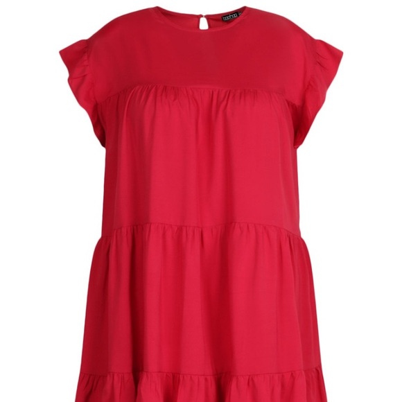 BOOHOO Plus Red Tiered Ruffle Smock Mini Dress 22 - Picture 3 of 5